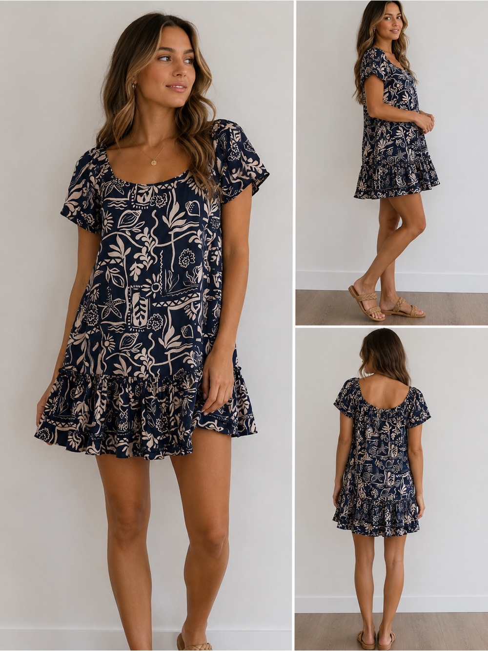 Robbie Bee Navy and Cream Floral Scoop Neck Dress